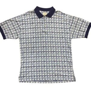 L.B. Vintage AOP Diamond Print Polo Cotton Shirt Navy Cream Men's Size Large